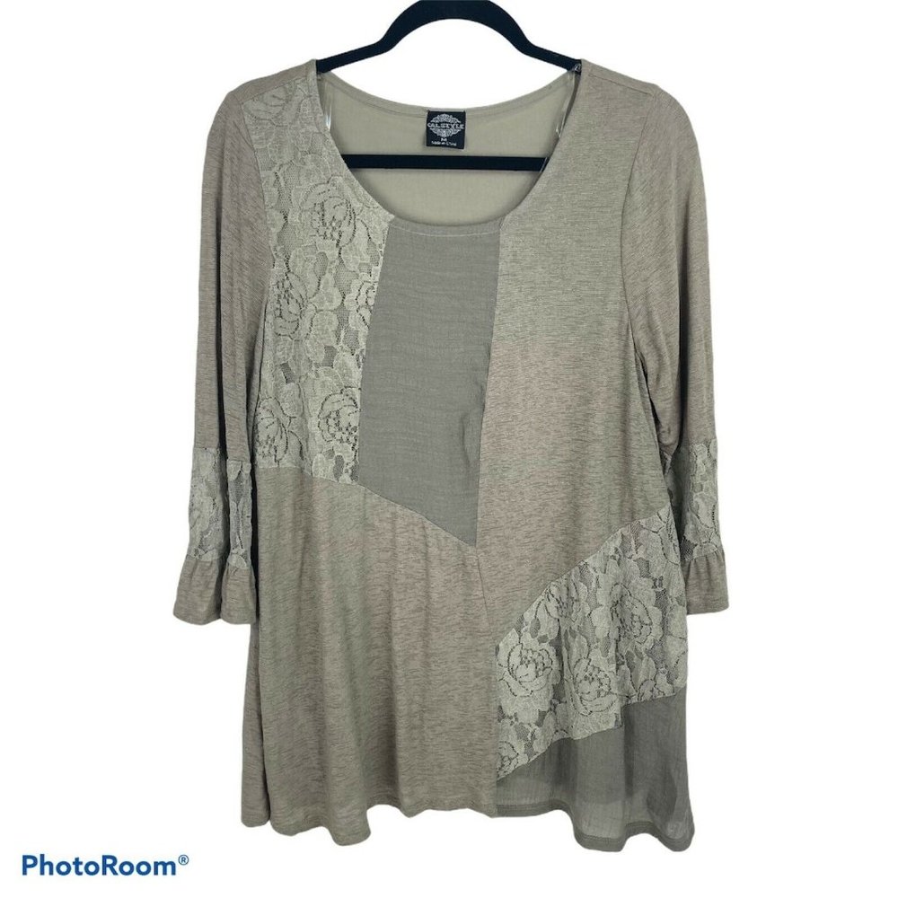 Calstyle Round Neck 3/4 Sleeve Blouse Top Size M